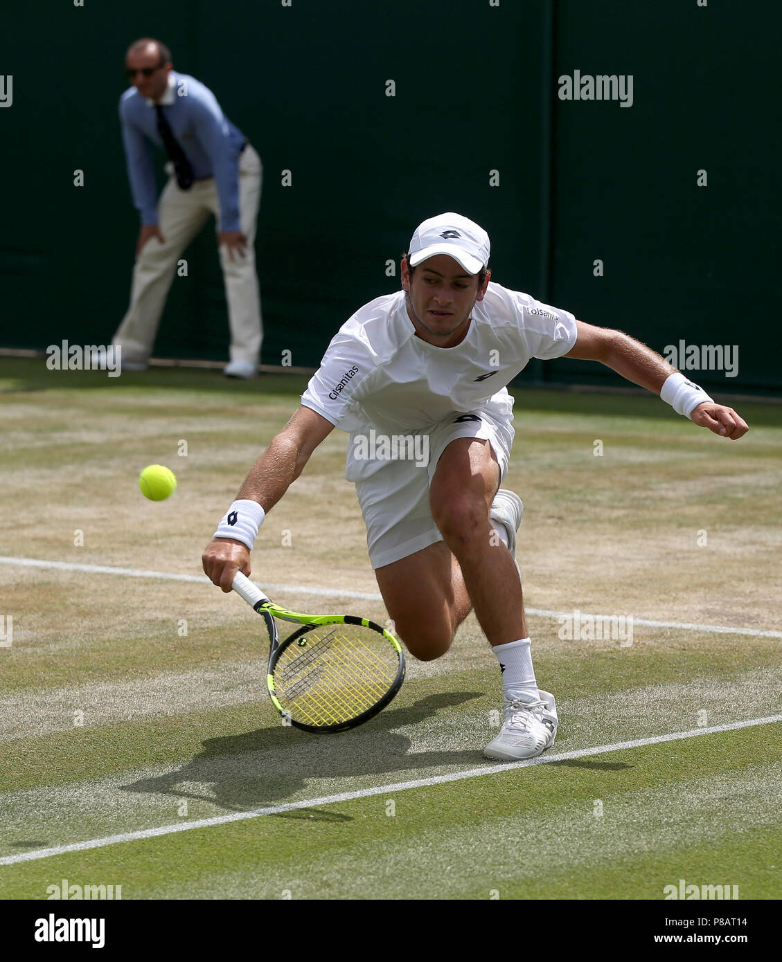 Nicolas Mejia in action on day eight of the Wimbledon Championships at the All England Lawn Tennis and Croquet Club, Wimbledon. PRESS ASSOCIATION Photo. Picture date: Tuesday July 10, 2018. See PA story TENNIS Wimbledon. Photo credit should read: Jonathan Brady/PA Wire. Stock Photo