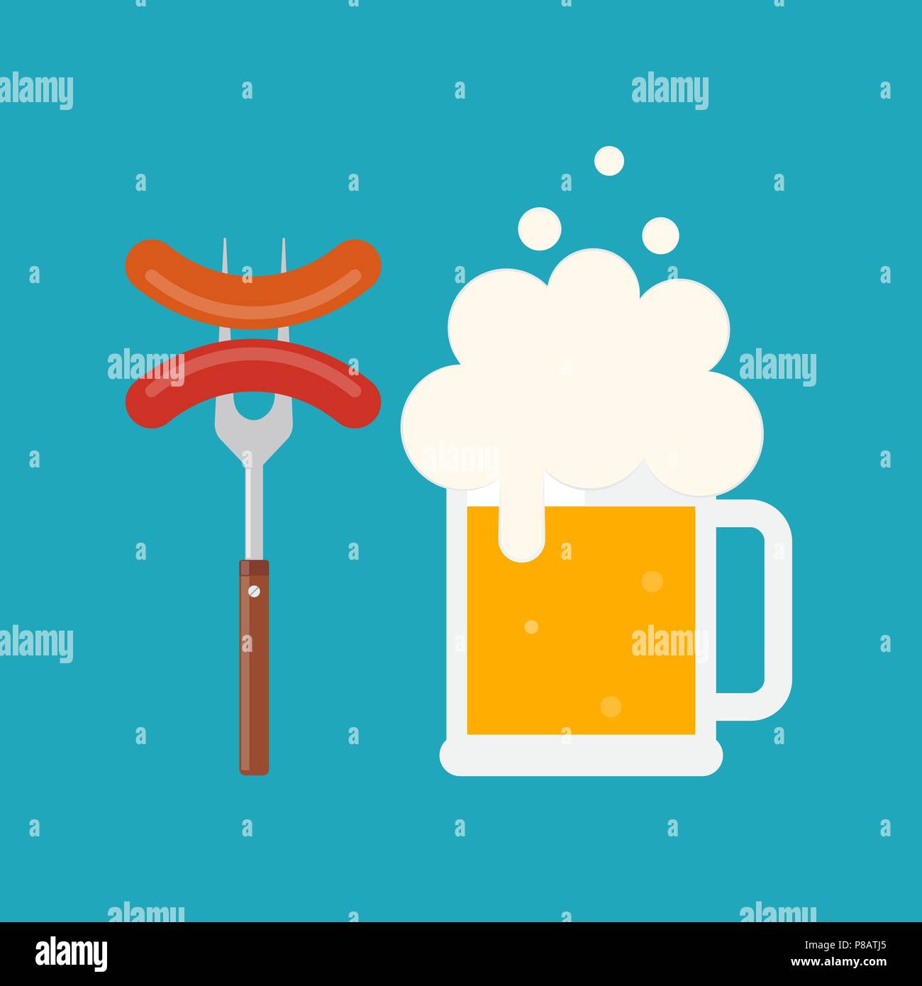 Beer mug with foam and sausage on a fork. Sausage on barbecue fork. Grilled sausage. Vector illustration flat design. Isolated. Stock Vector