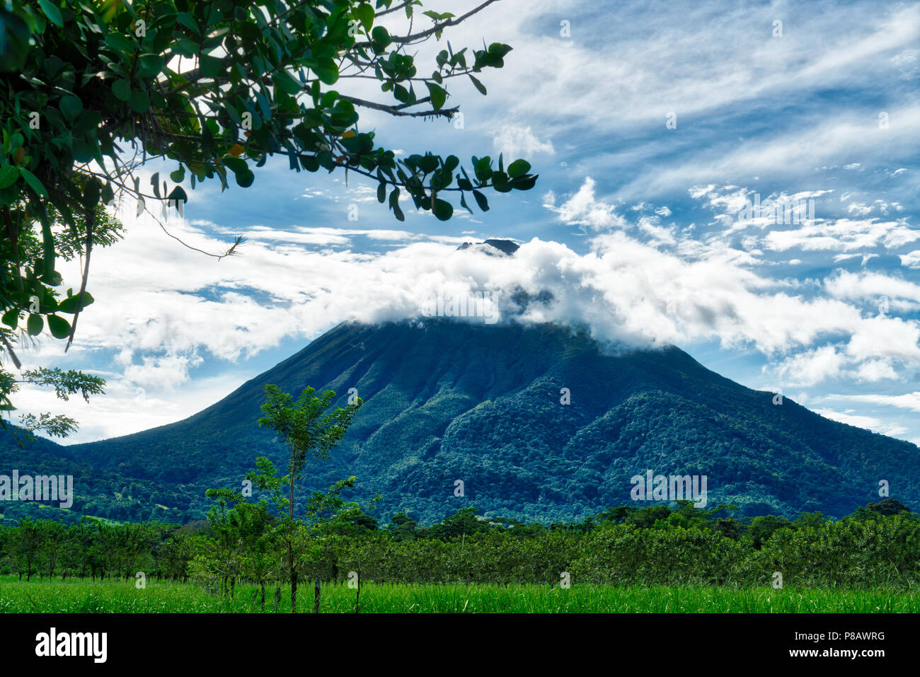 Arenal Volcano is a stratovolcano in Costa Rica with a very typical conical form. It was dormant for several hundred years, but then active 1968-2010. Stock Photo