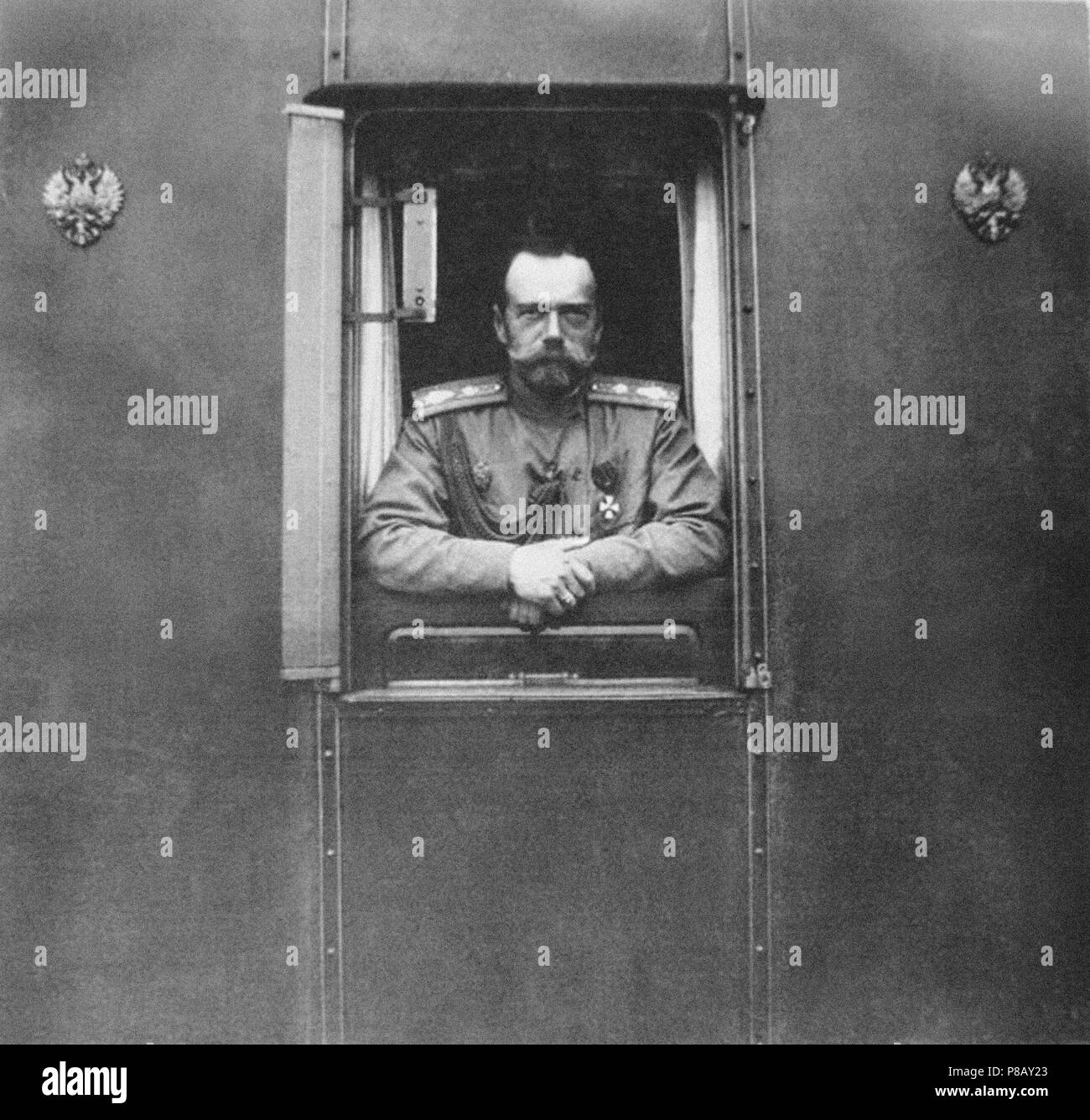 Emperor Nicholas II at window of the own railroad car. Museum: State History Museum, Moscow. Stock Photo