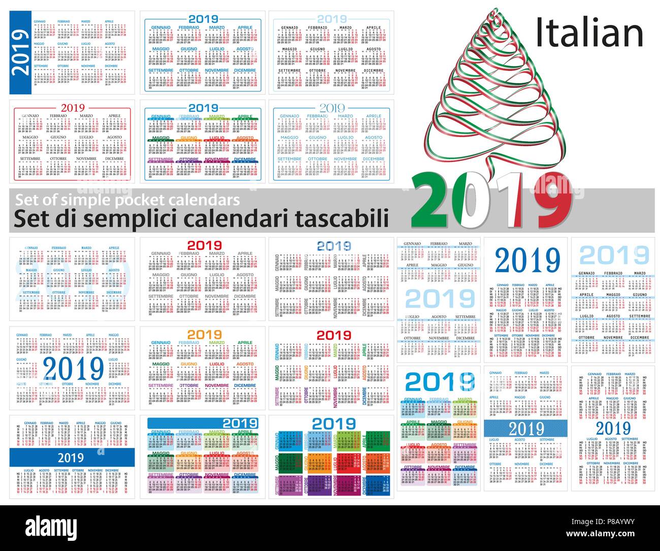 Set of simple calendars in Italian on 2019 Two thousand nineteen . Week starts Monday. Stock Vector