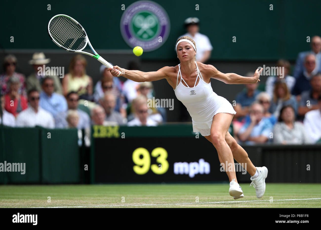 Camila Giorgi in action on day eight of the Wimbledon Championships at the All England Lawn Tennis and Croquet Club, Wimbledon. Stock Photo