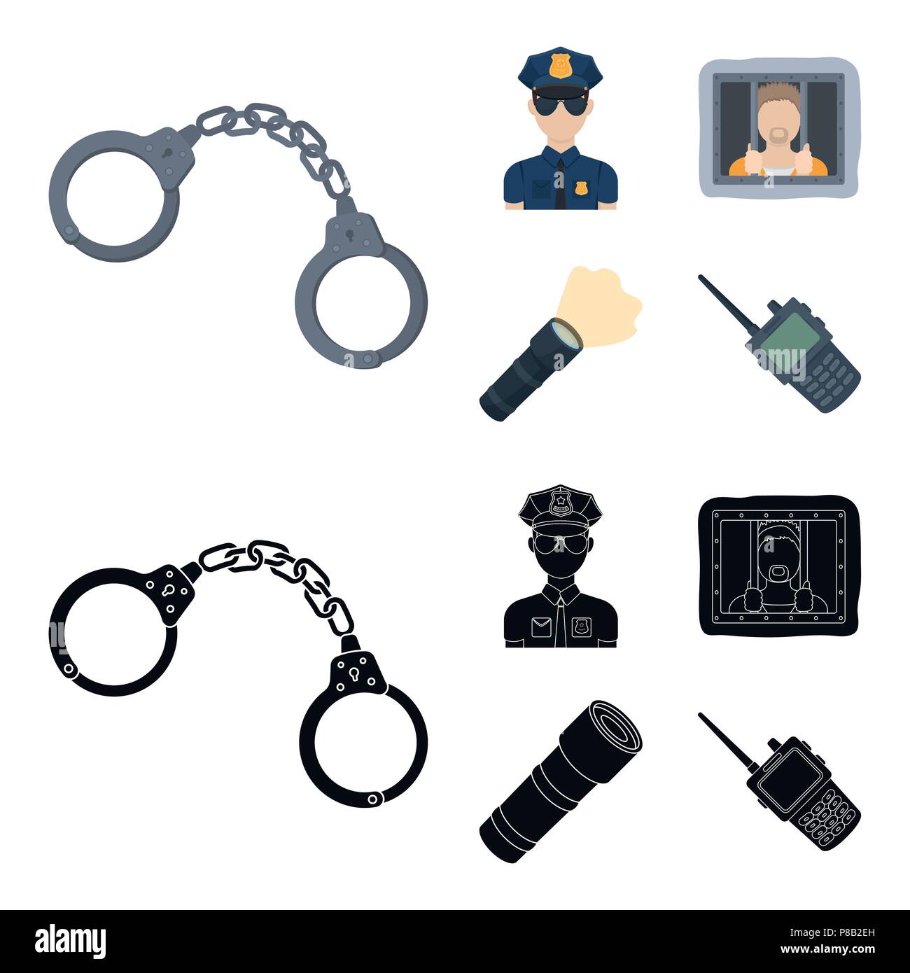 Handcuffs, policeman, prisoner, flashlight.Police set collection icons in cartoon,black style vector symbol stock illustration . Stock Vector