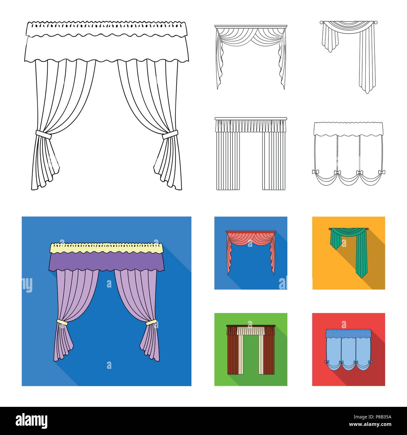 Different types of window curtains.Curtains set collection icons in outline,flat style vector