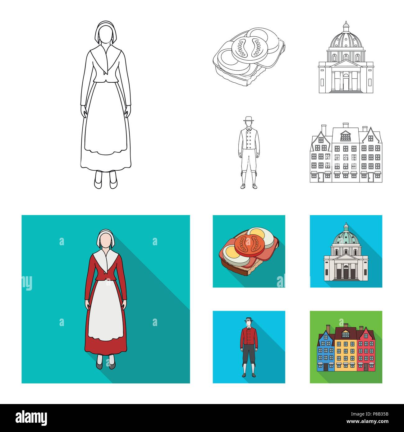 Denmark, history, restaurant, and other icon in outline,flat style.Sandwich, food, bread icons in set collection Stock Vector