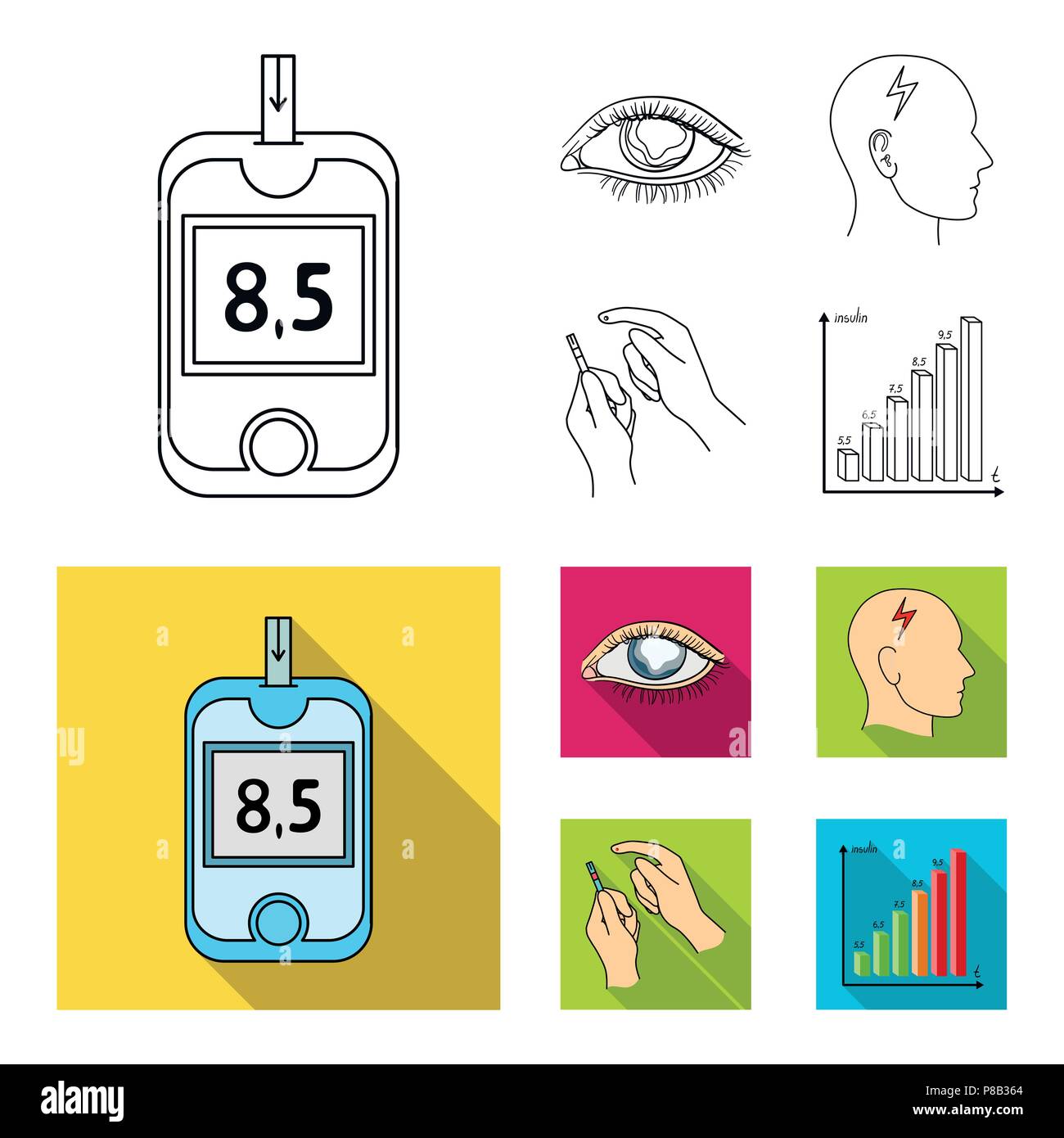 Poor vision, headache, glucose test, insulin dependence. Diabetic set collection icons in