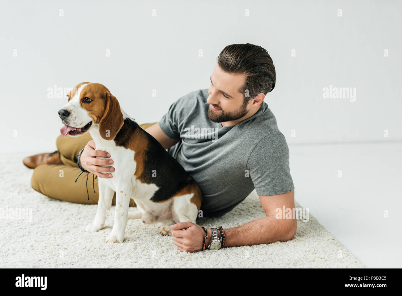 handsome man hugging cute beagle on carpet Stock Photo - Alamy, image size:1300x957