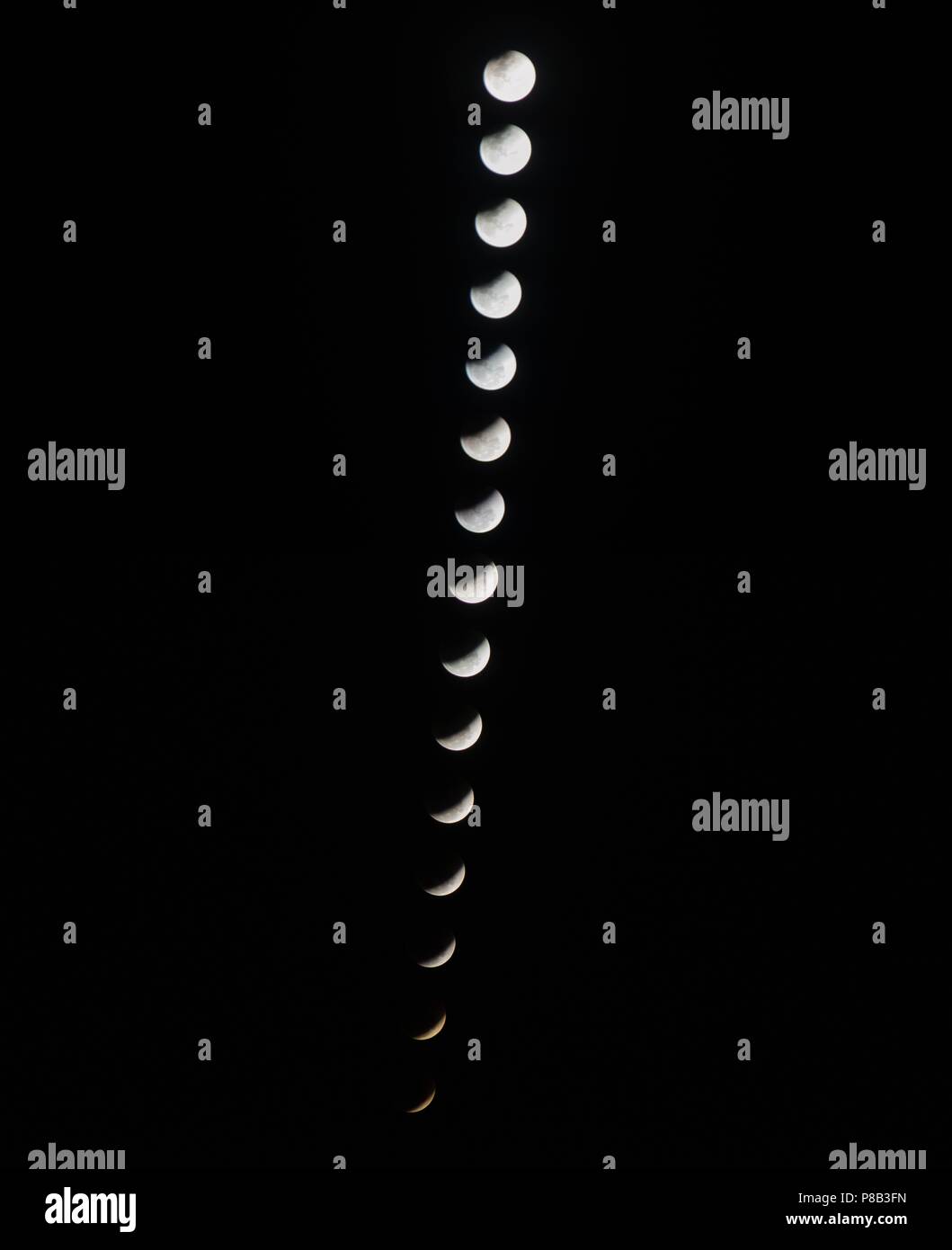January 31, 2018 total lunar eclipse at moonrise, phases of the moon as seen from Goa, India. Stock Photo