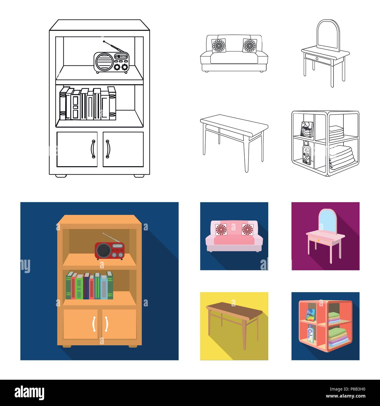 Soft sofa, toilet make-up table, dining table, shelving for laundry and detergent. Furniture and interior set collection icons in outline,flat style i Stock Vector