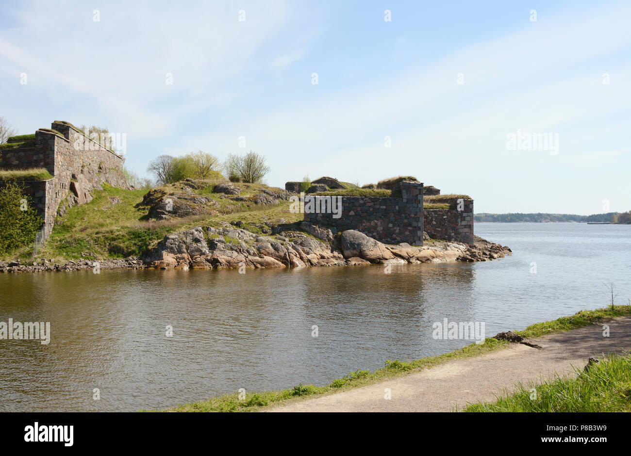 Thick defensive stone walls on the fortress island of Suomenlinna, Finland Stock Photo