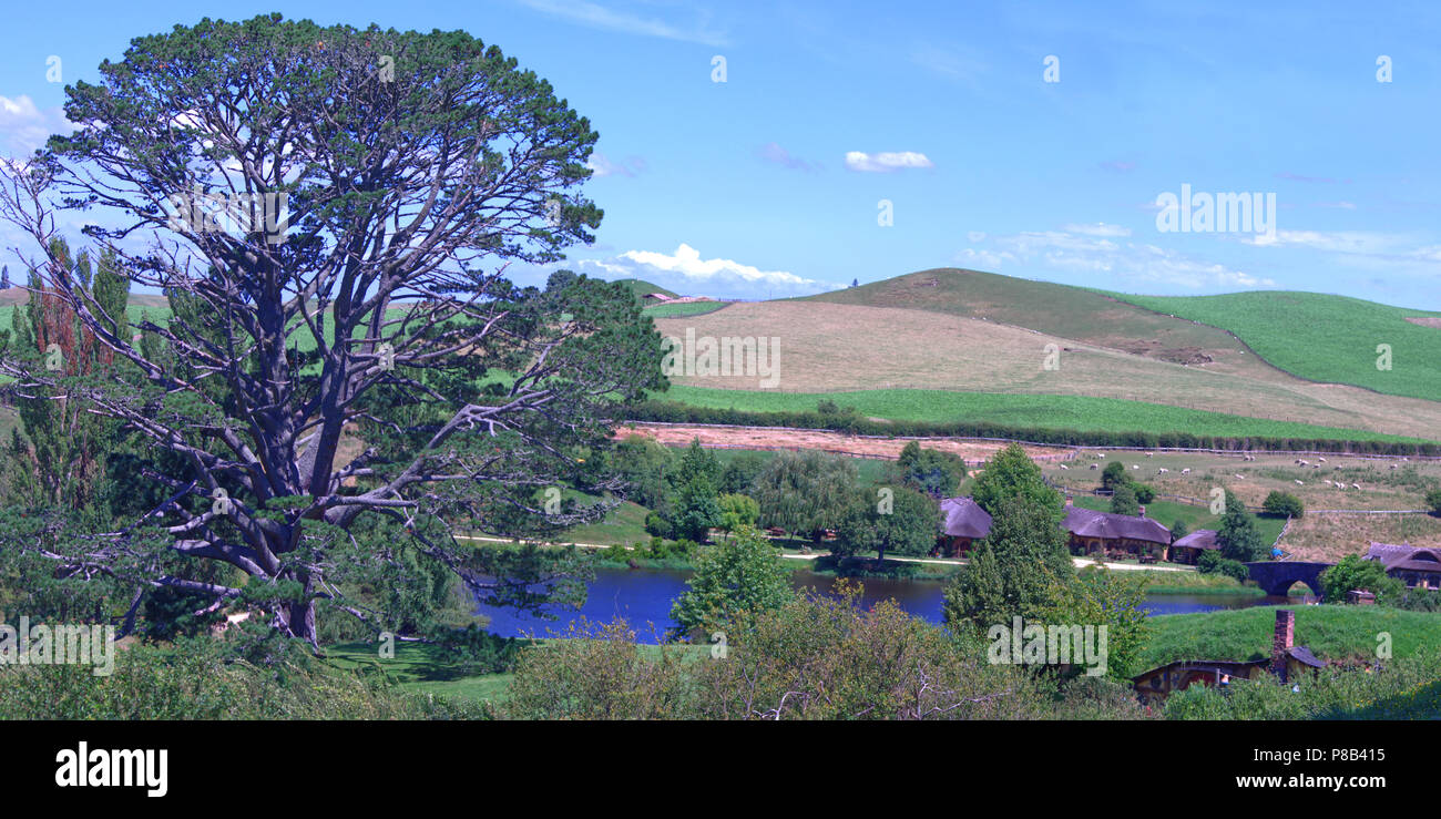 Panoramic view of The Hobbiton movie set, Matamata Nz Stock Photo