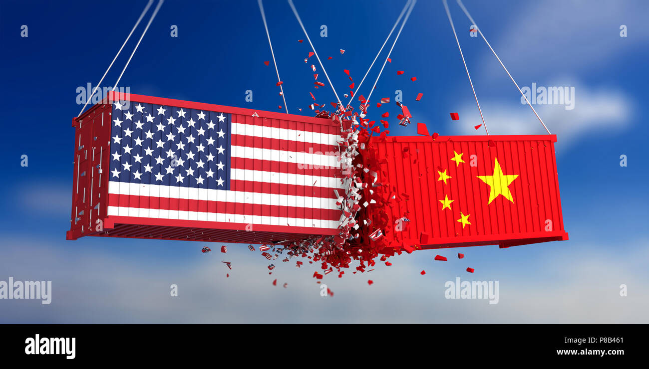 USA and China trade war. US of America and chinese flags crashed ...