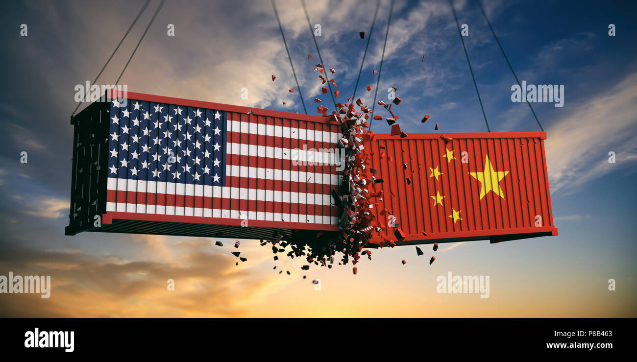 USA and China trade war. US of America and chinese flags crashed containers on sky at sunset background. 3d illustration Stock Photo