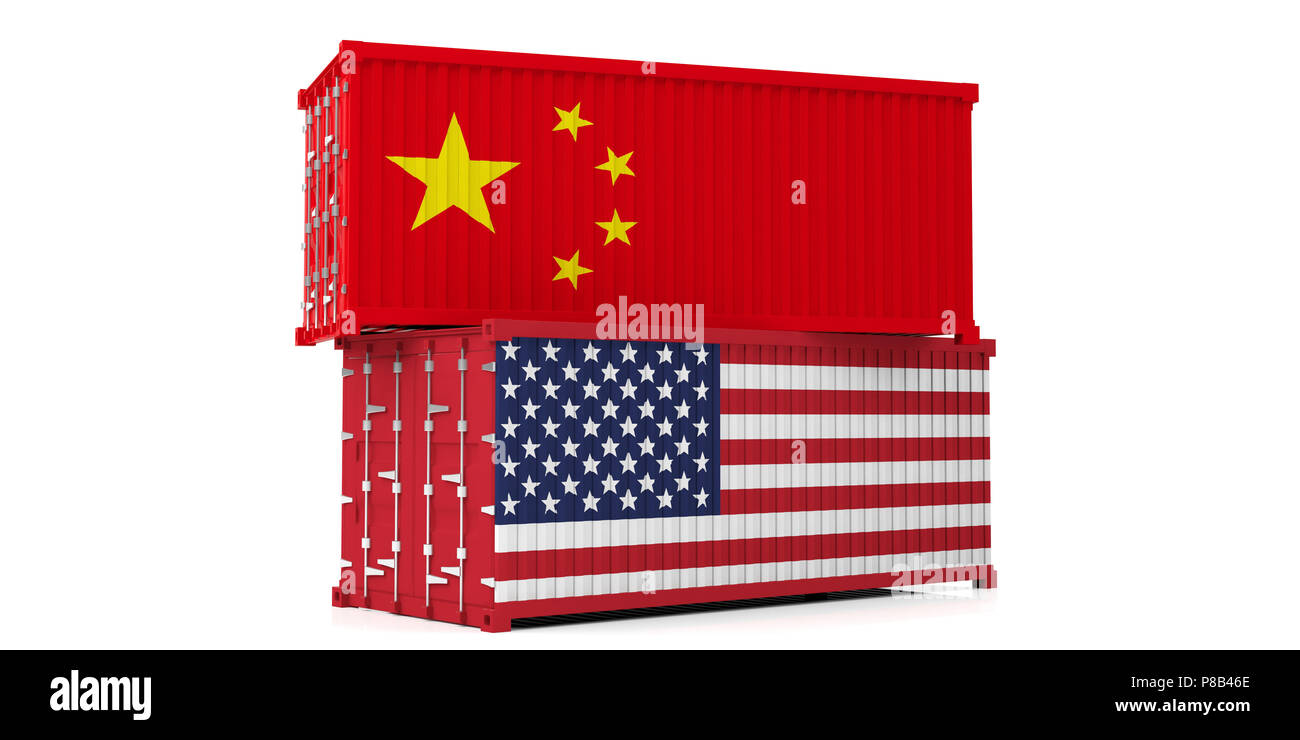 USA and China trade war. US of America and chinese flags cargo ...