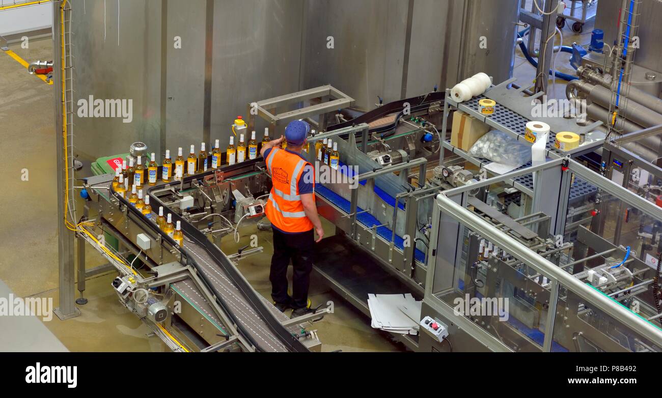 Bottling production line, Healeys Cornish Cyder Farm,Penhallow, Truro,Cornwall,England,UK Stock Photo