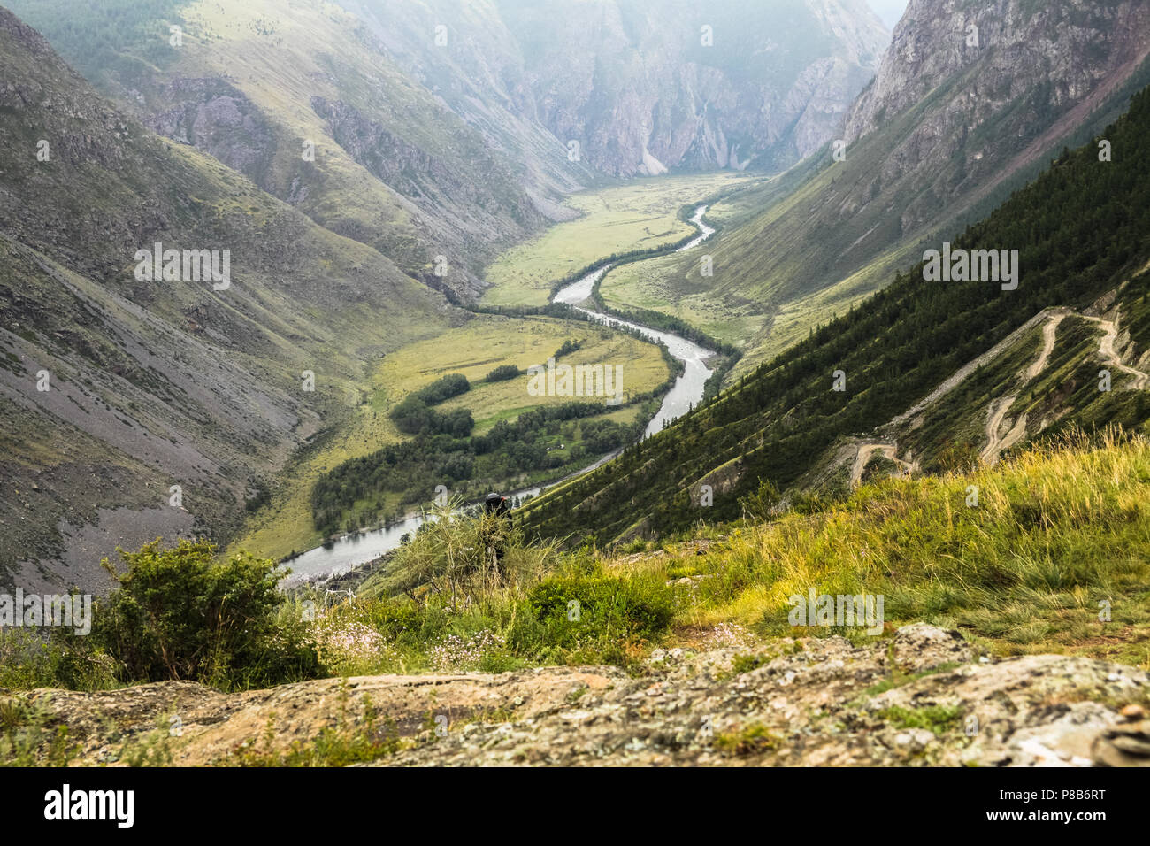 scenic landscape with mountain valley and river, Altai, Russia Stock Photo