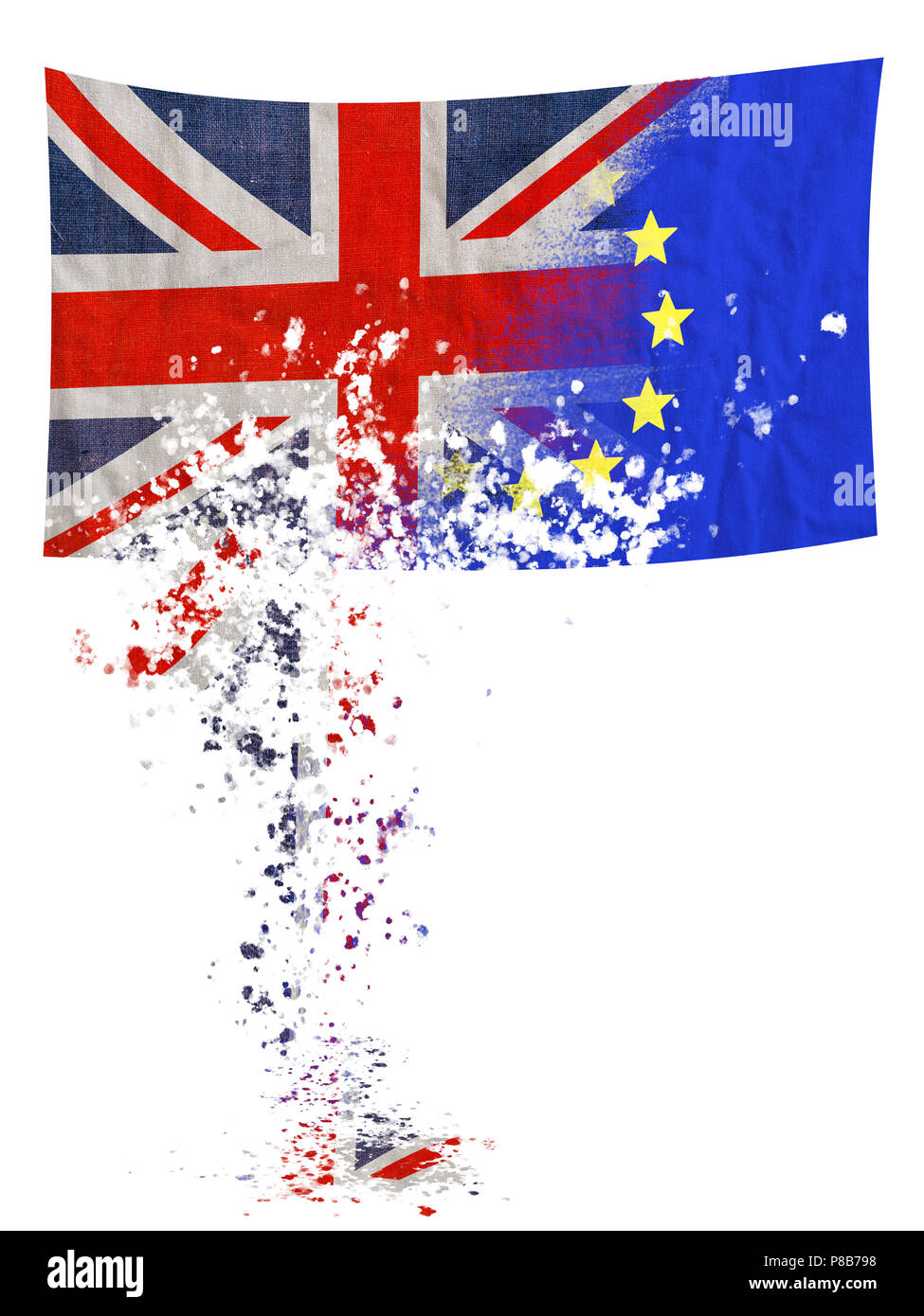 Brexit, EU UK negotiation turning to dust, falling apart. Flags over white. Stock Photo