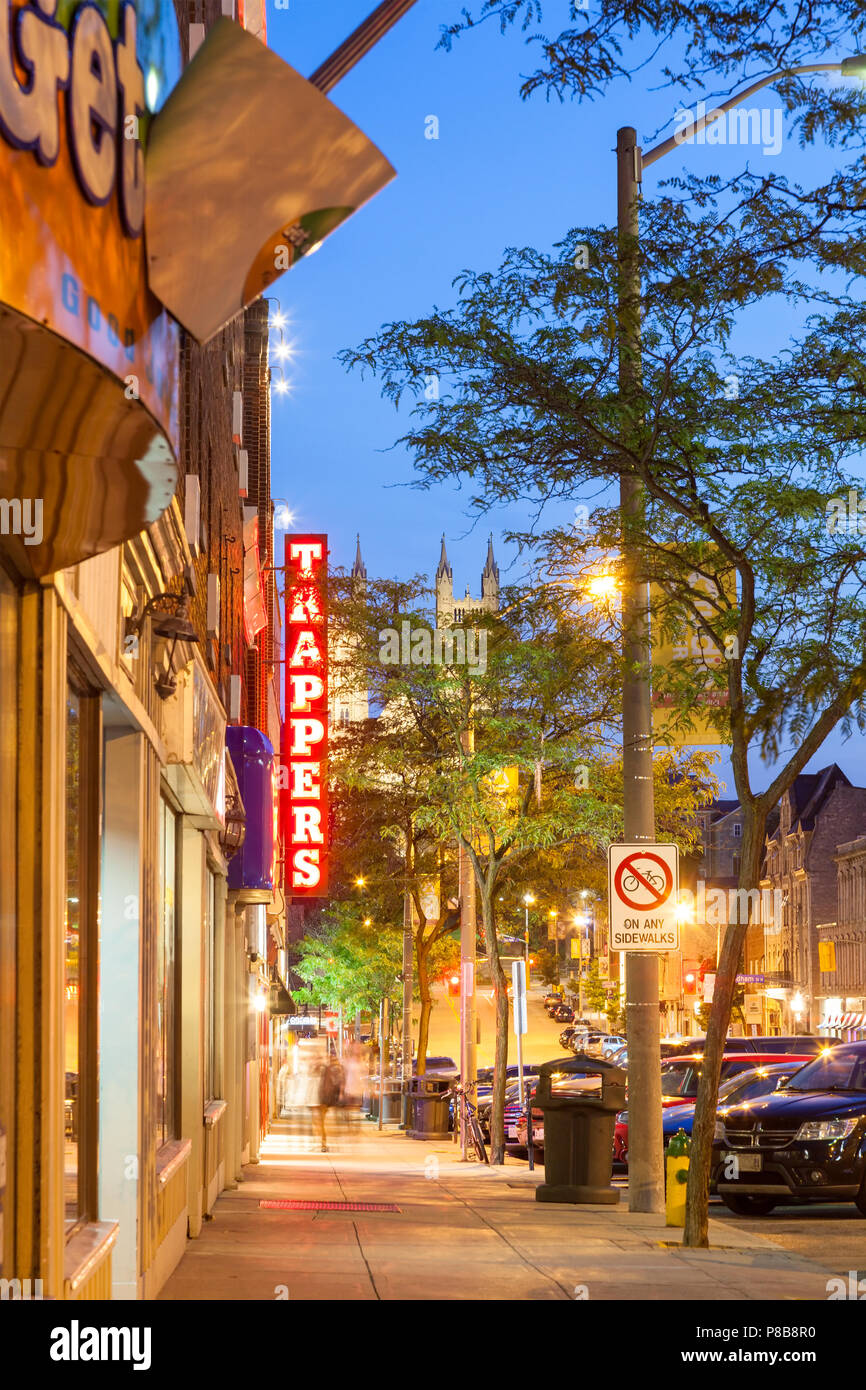 Historical buildings along MacDonell Street at dusk in downtown Guelph