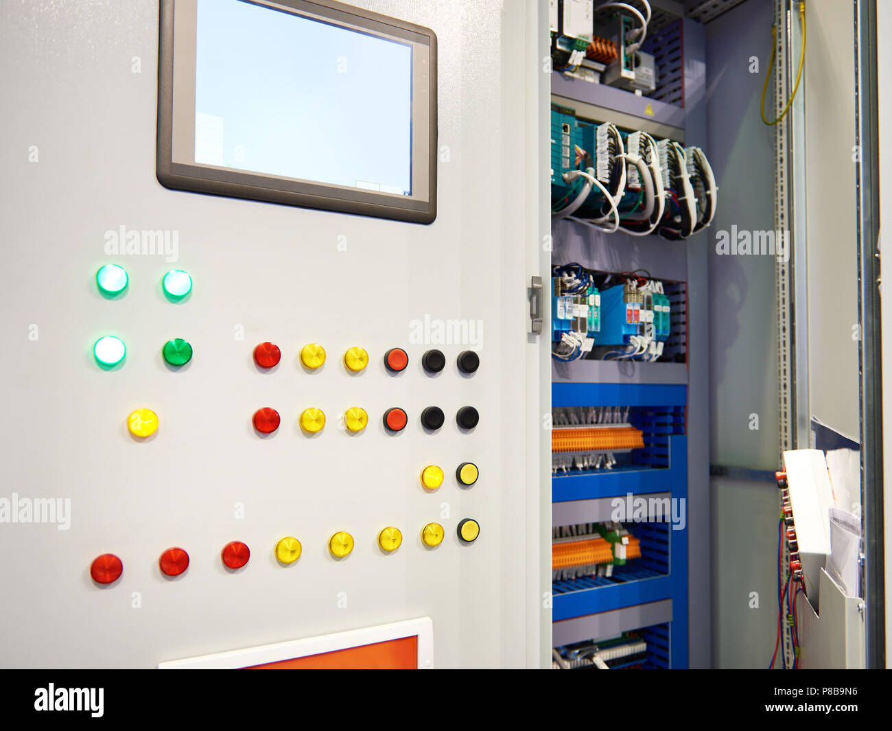 Communication box with control panel for electronic components Stock Photo