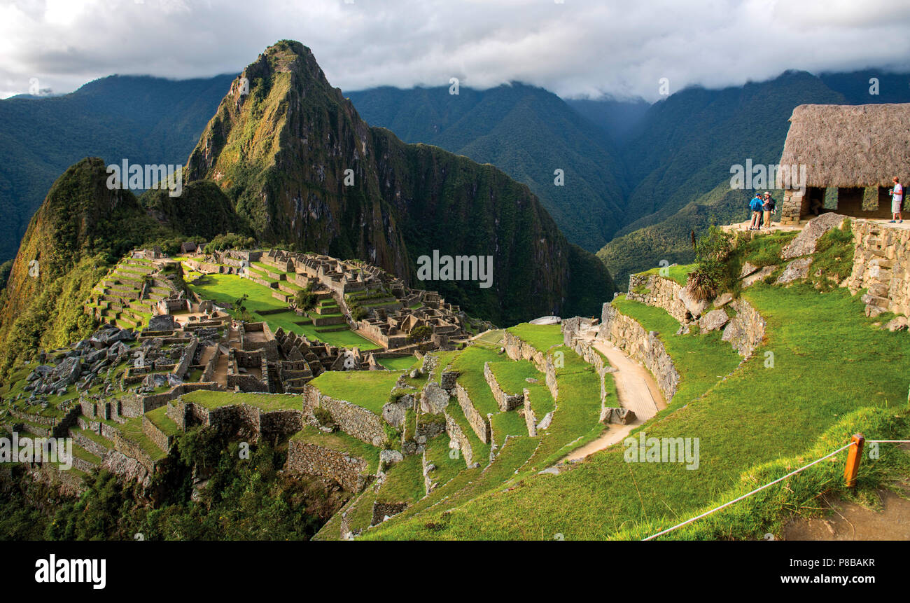 Caretaker's Hut and Mayan ruins of Machu Picchu, Cusco, Peru Stock Photo