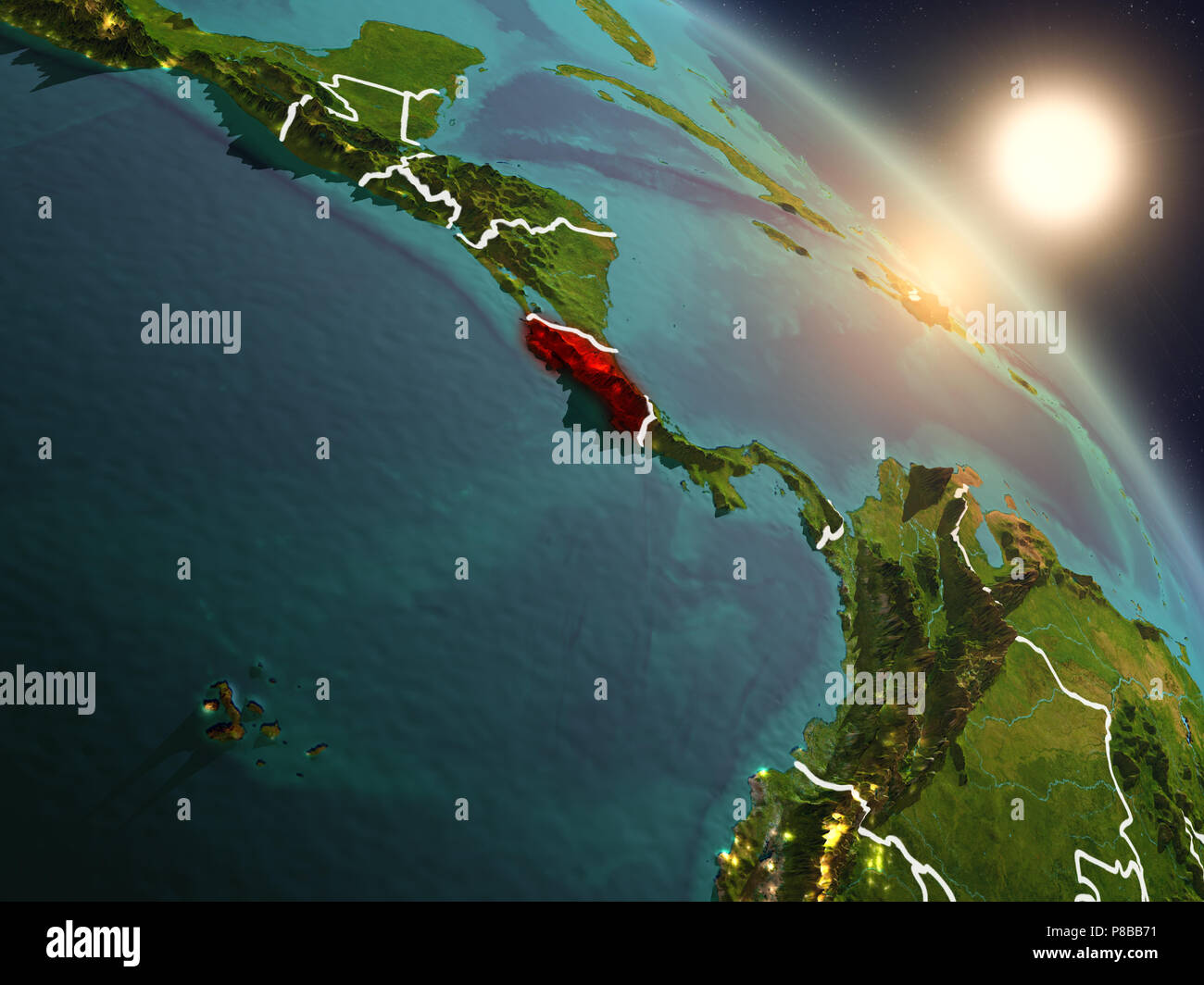 Sunset above Costa Rica from space on planet Earth with visible country ...