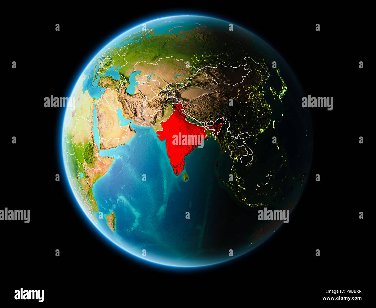 India from orbit of planet Earth at night with highly detailed surface ...