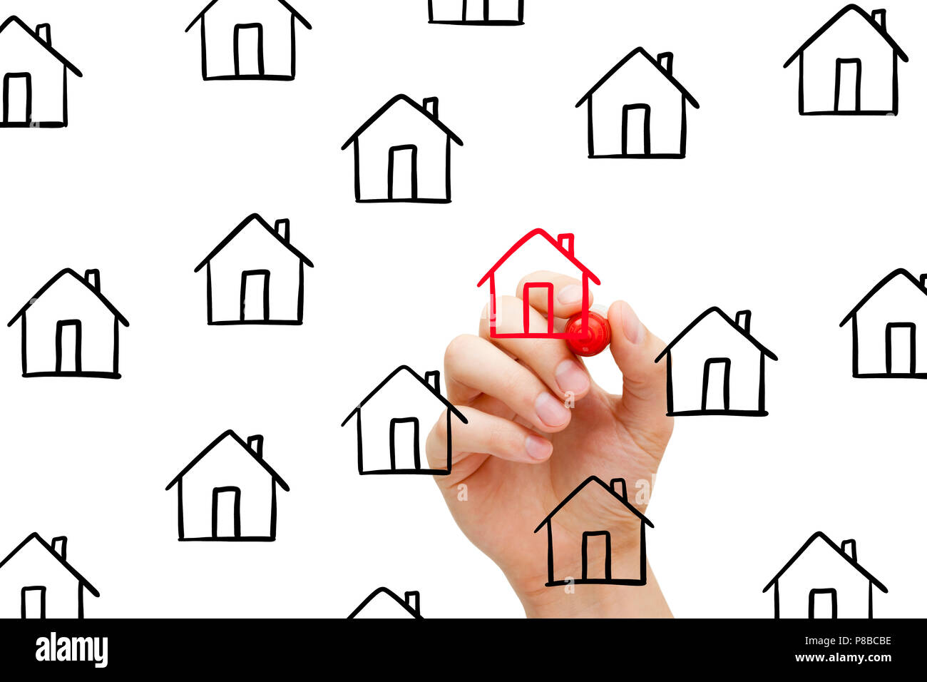 Hand drawing finding new house to buy concept with marker on transparent wipe board. Stock Photo