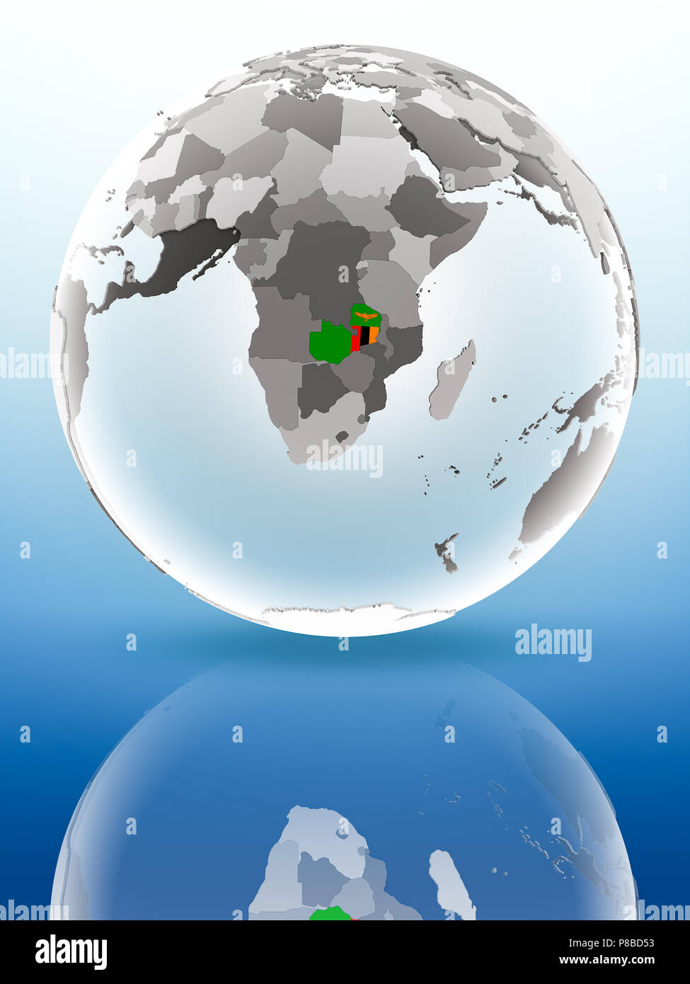 Zambia with flag on globe reflecting on shiny surface. 3D illustration ...