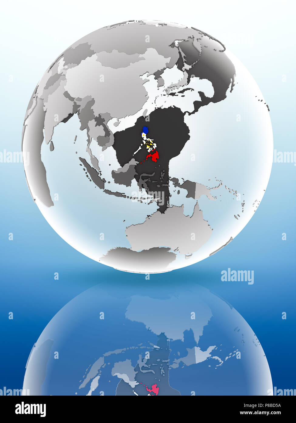 Philippines with flag on globe reflecting on shiny surface. 3D ...