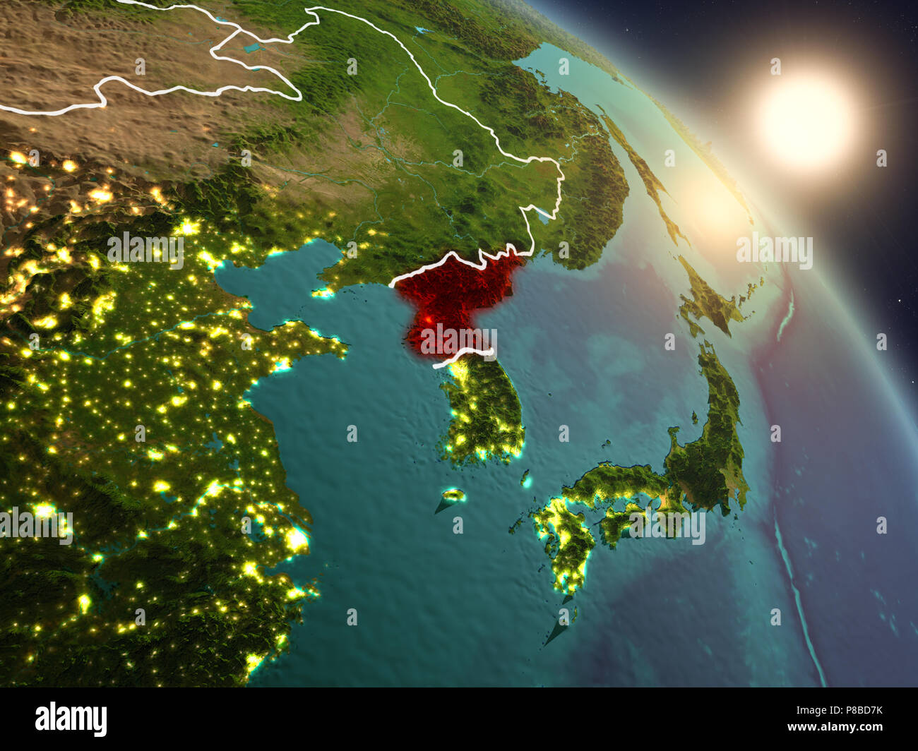 Sunset above North Korea from space on planet Earth with visible ...