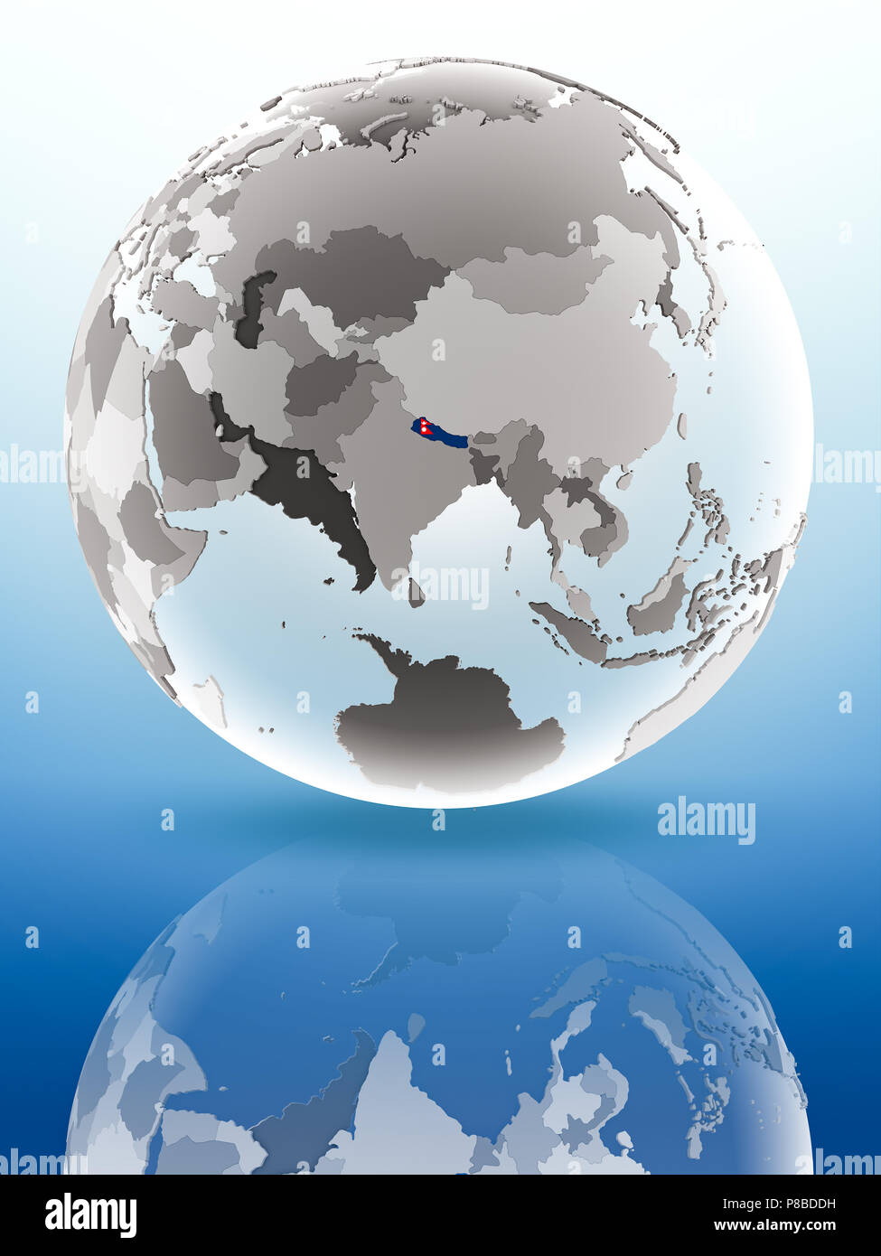 Nepal with flag on globe reflecting on shiny surface. 3D illustration ...