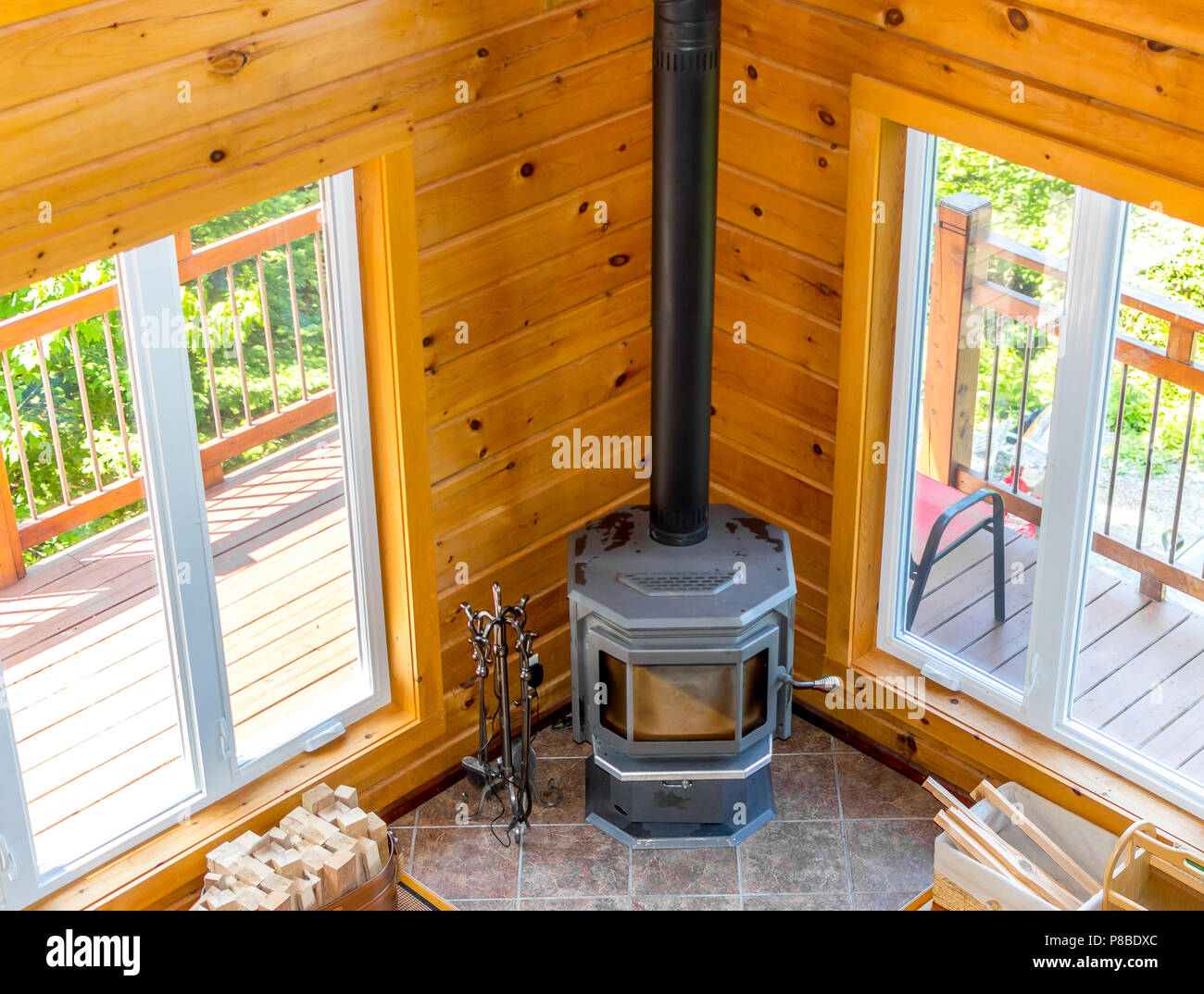 Wooden Fireplace In A Wooden Cottage In Forest In Quebec Canada