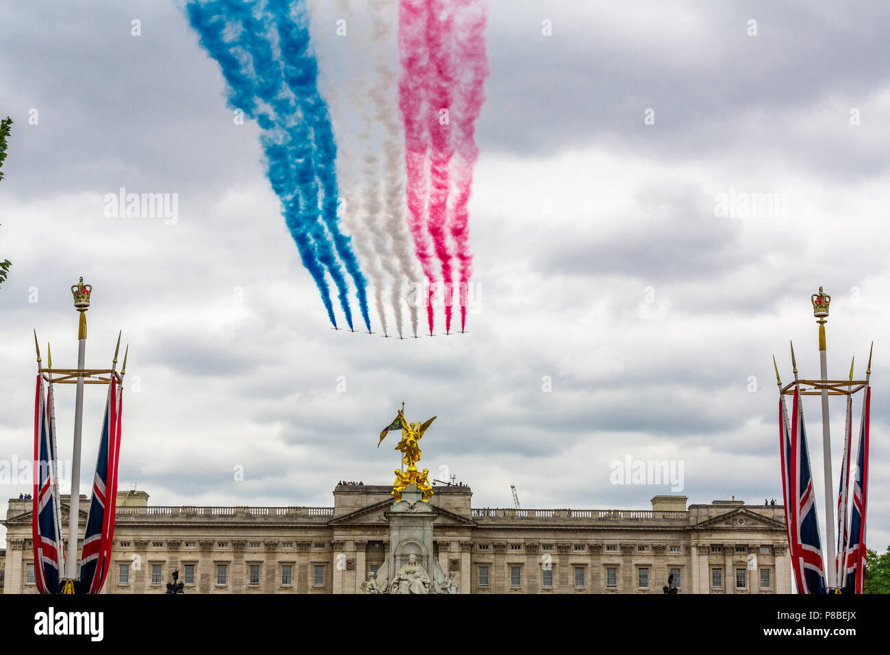 The RAF100 flypast and centenary celebrations with 100 aircraft participating in 100th Birthday of the RAF Buckingham Palace London UK Stock Photo