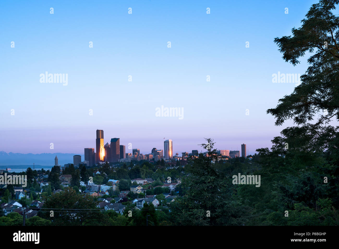 Central District Neighborhood and downtown at dawn, Seattle, Washington, USA Stock Photo