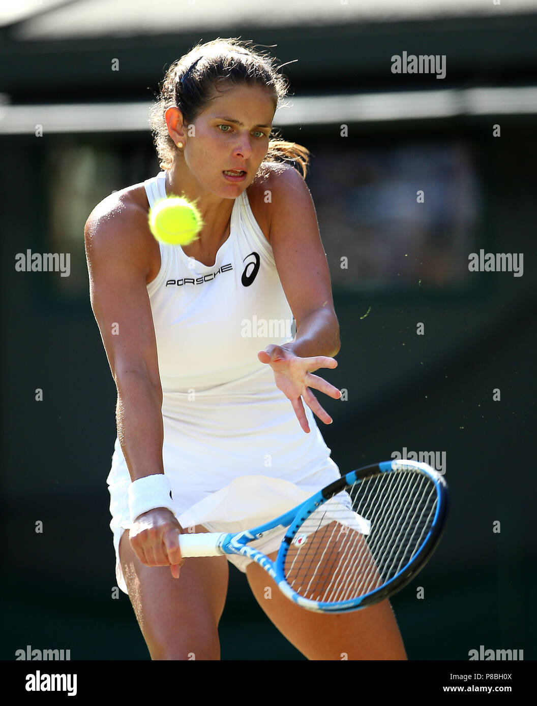Julia Goerges in action on day eight of the Wimbledon Championships at the  All England Lawn Tennis and Croquet Club, Wimbledon. PRESS ASSOCIATION  Photo. Picture date: Tuesday July 10, 2018. See PA