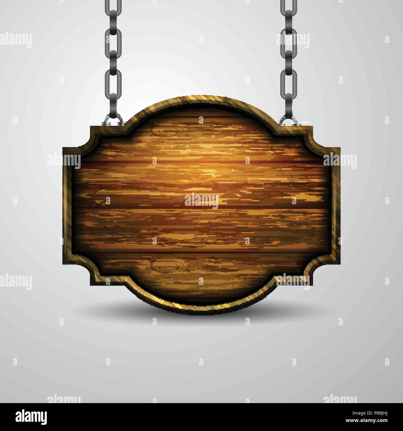 Blank wooden signboard hanging on chain isolated on white background ...