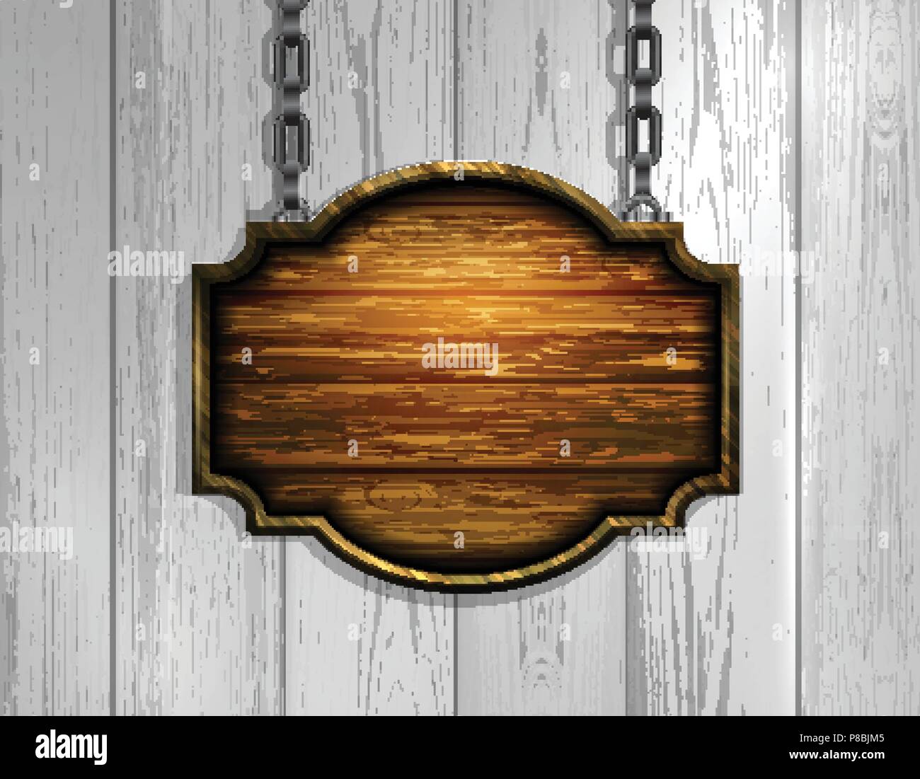 Blank wooden signboard hanging on chain isolated on white background ...