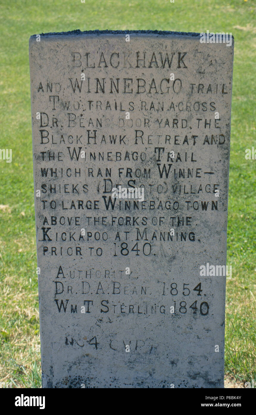 Black Hawk War memorial marker for the Winnebago Trail, Wisconsin. Photograph Stock Photo
