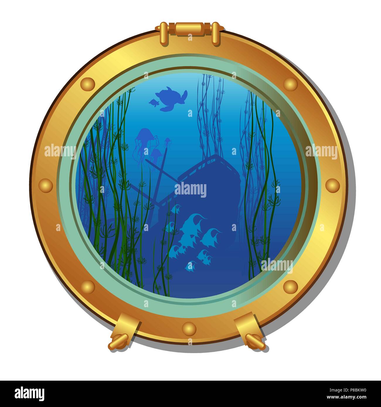 Round porthole of a submarine with views of the sunken ship and marine life isolated on white background. Vector cartoon close-up illustration. Stock Vector