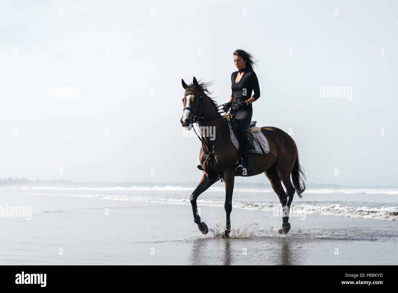 young woman riding horse on sandy beach with ocean behind Stock Photo ...