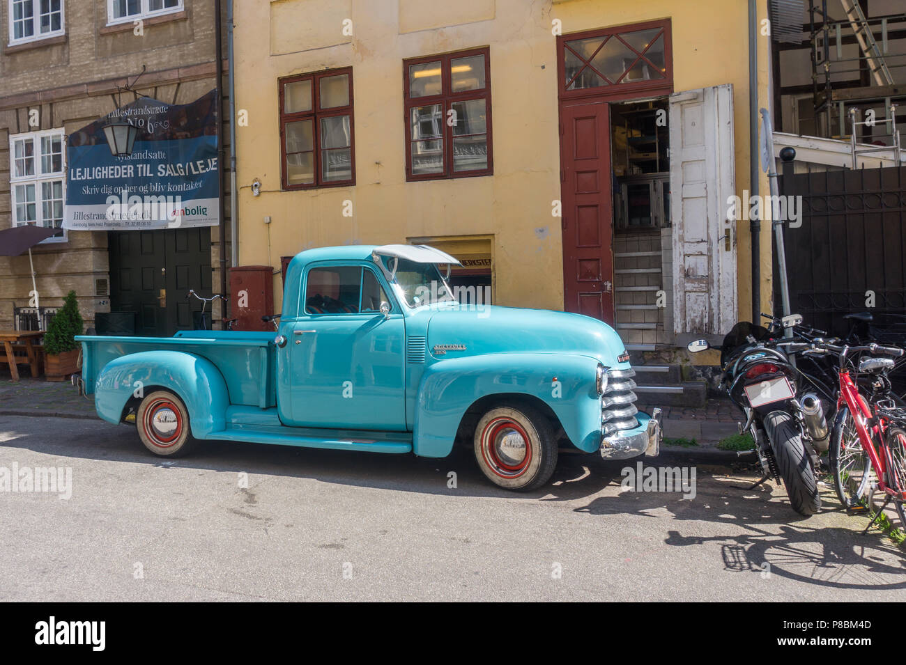 COPENHAGEN, DENMARK €“ AUGUST 23, 2017 Old blue car in the city
