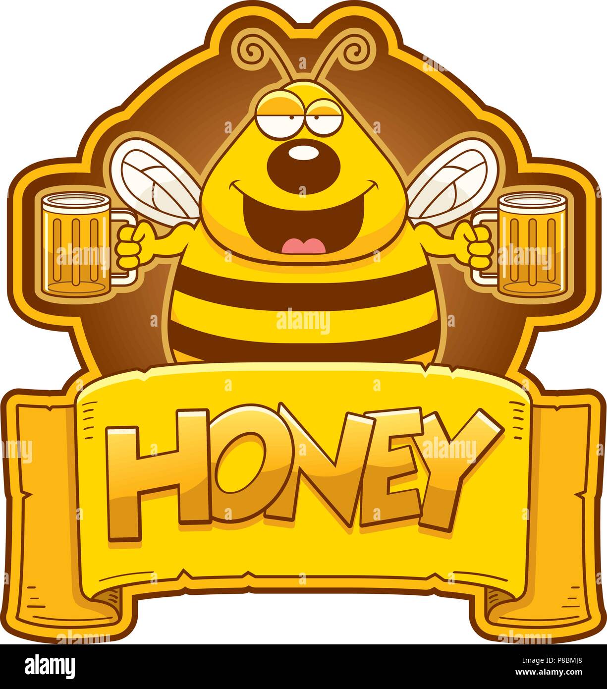 A cartoon illustration of a bee with two mugs of honey. Stock Vector