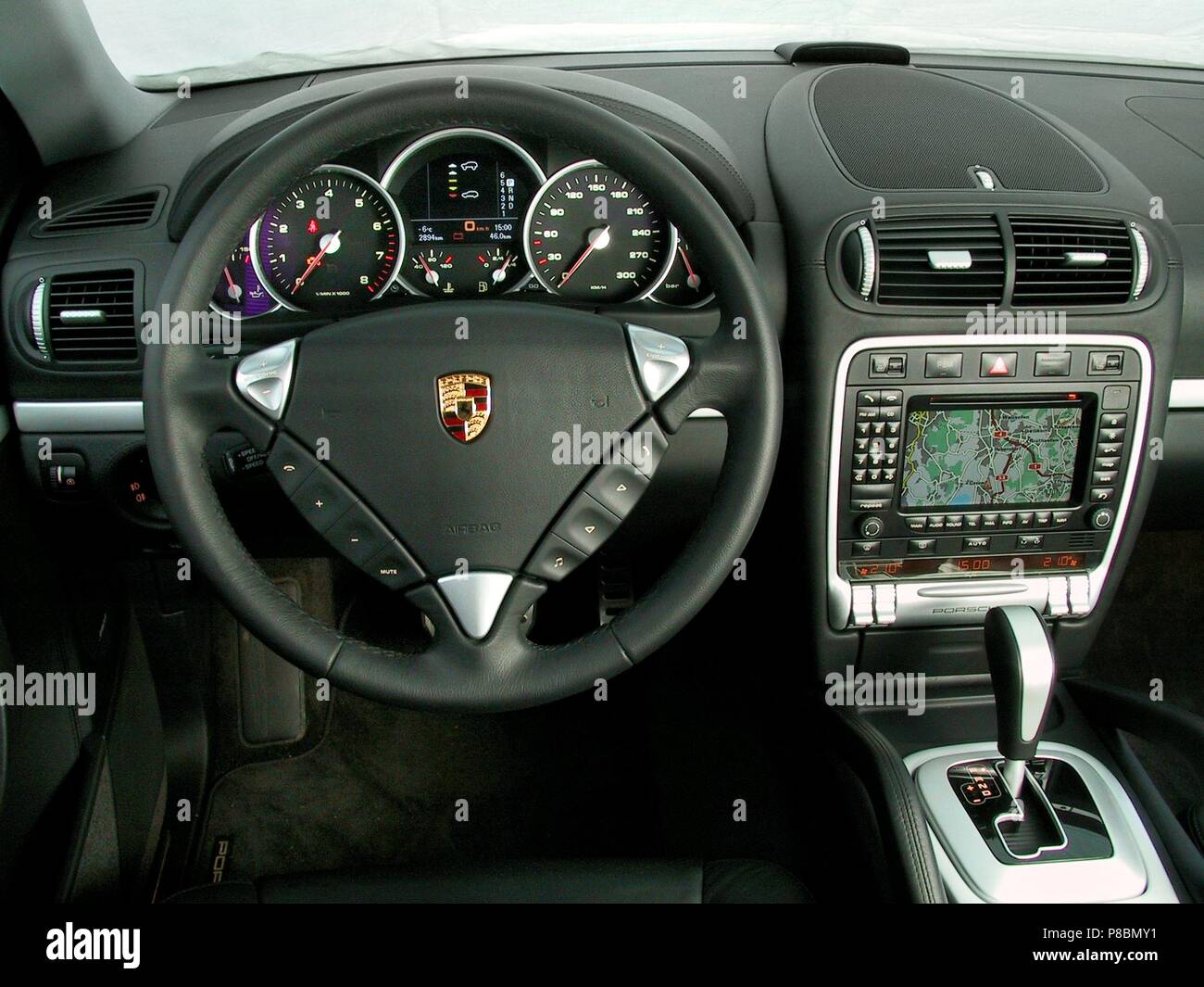Porsche Cayenne Turbo 2003 model Fast SUV - close up of drivers eye view  including steering wheel and dashboard Stock Photo - Alamy