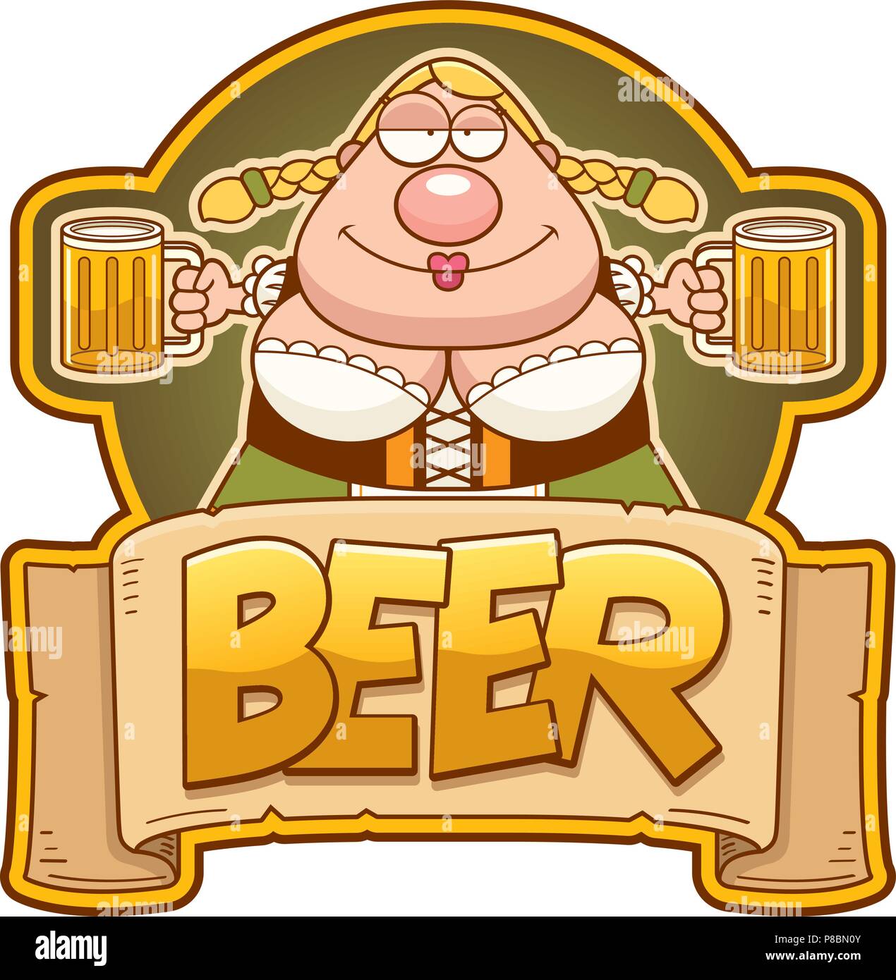 A cartoon illustration of a Oktoberfest woman with two mugs of beer. Stock Vector