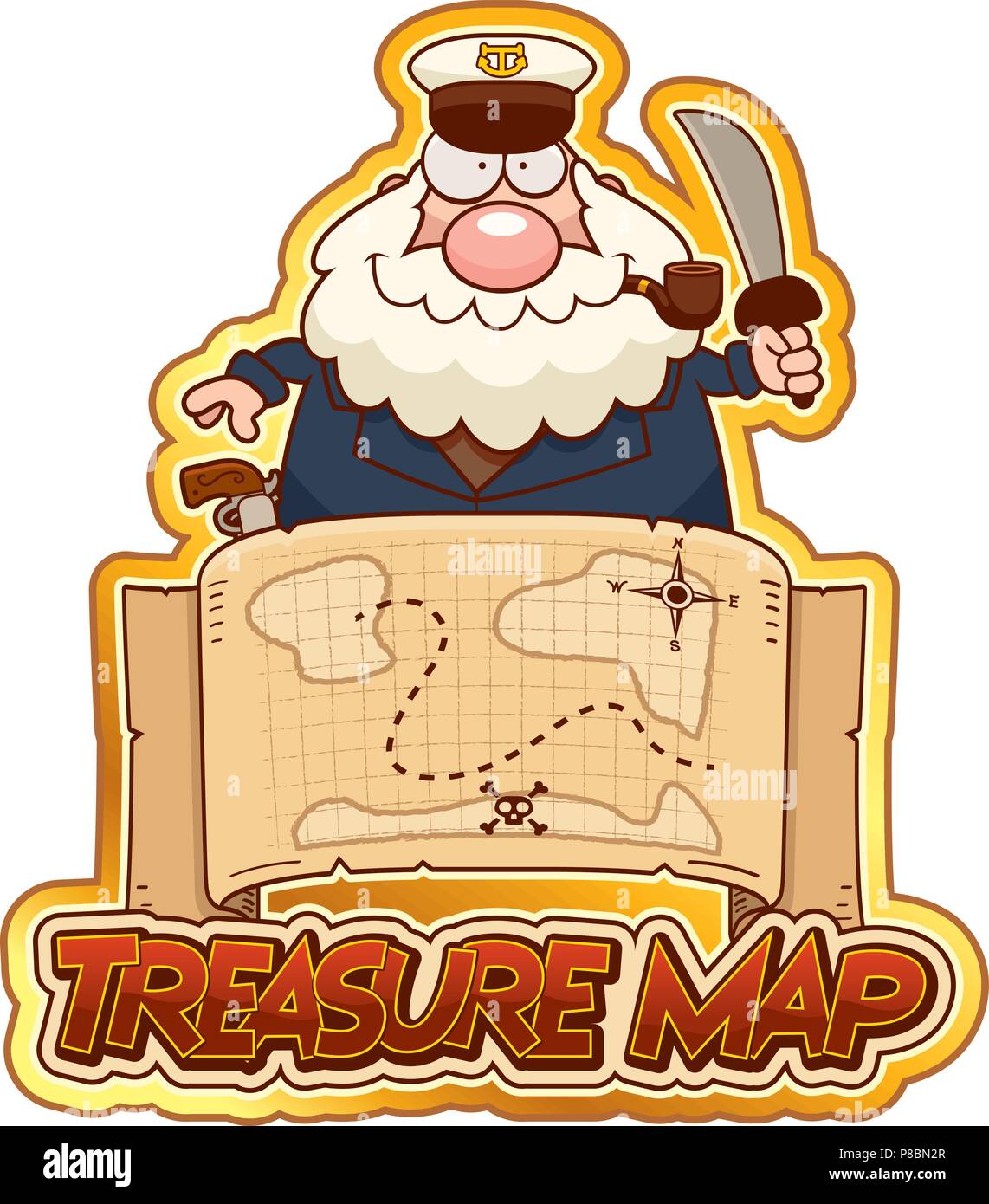A cartoon illustration of a sea captain with a treasure map and ...