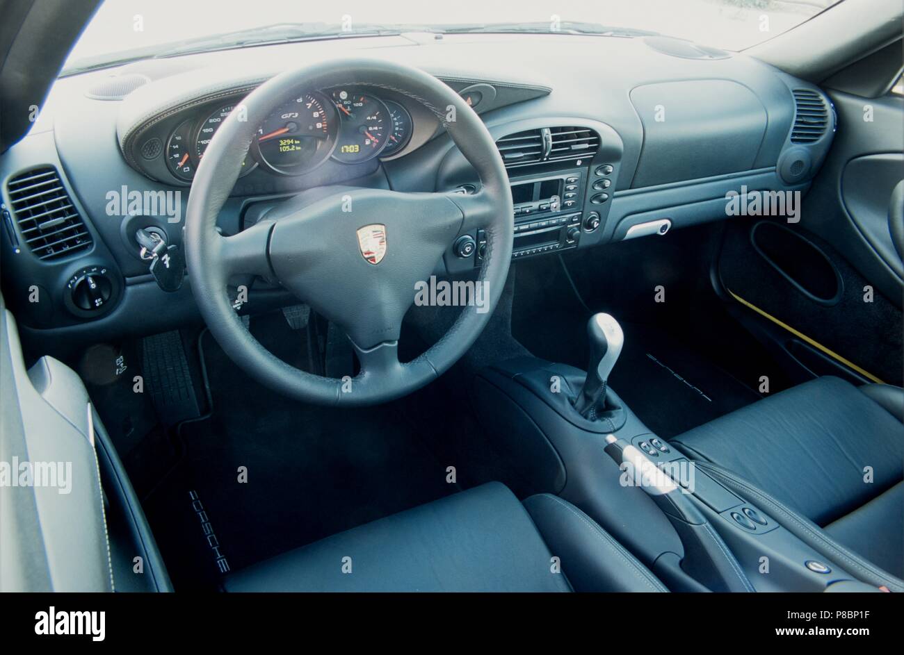 Porsche 911 GT3 RS - 996 model in yellow 2005 - showing drivers view of dashboard LHD Stock Photo