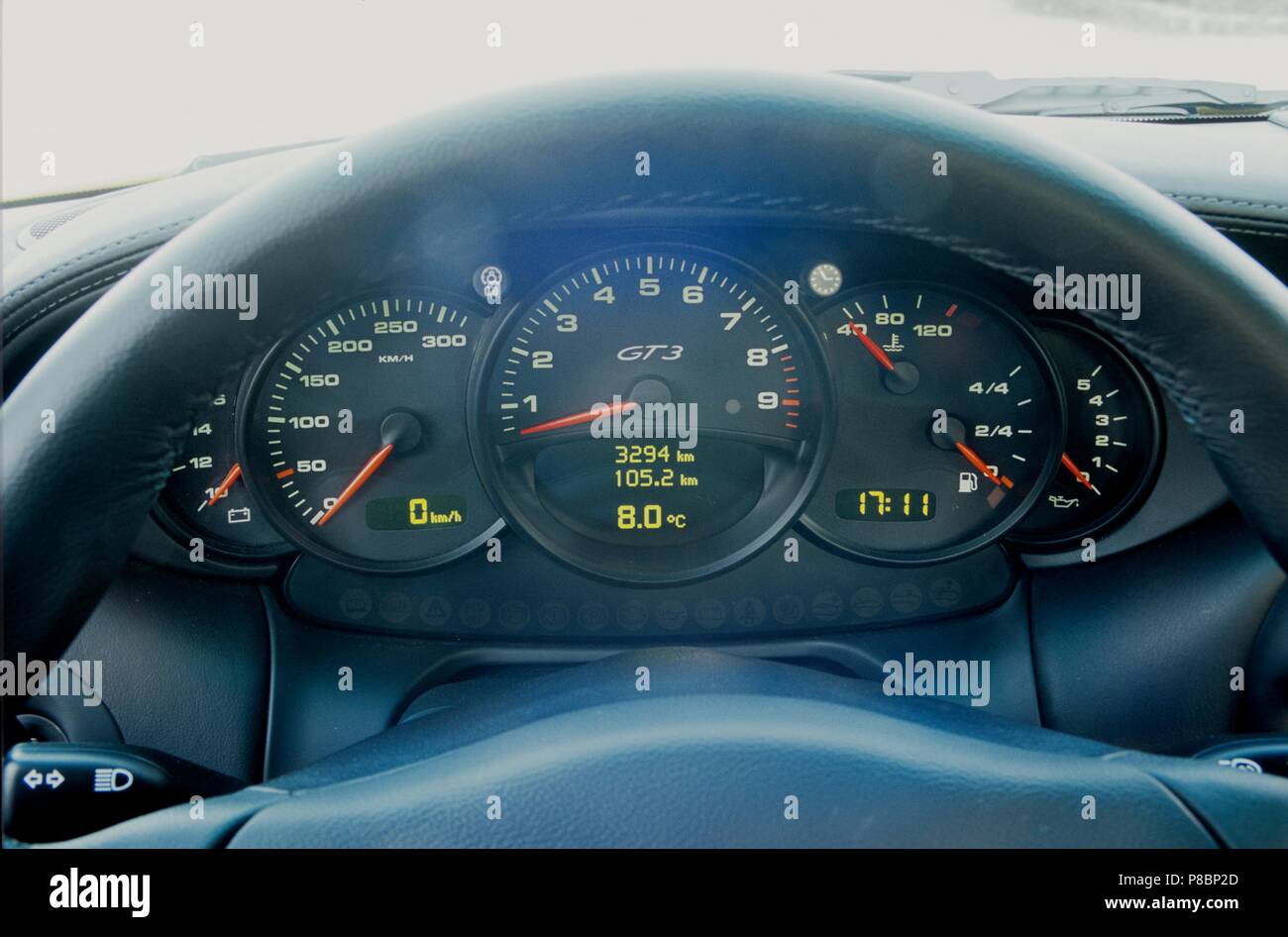 Porsche 911 GT3 RS - 996 model in yellow 2005 - showing drivers view of dashboard clocks and instruments including tachometer and speedometer Stock Photo