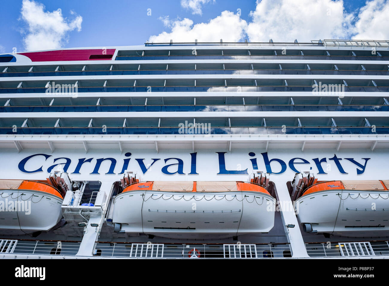 Saint Thomas, US Virgin Islands - April 01 2014: Signage and lifeboats on the Carnival Liberty Cruise Ship Stock Photo