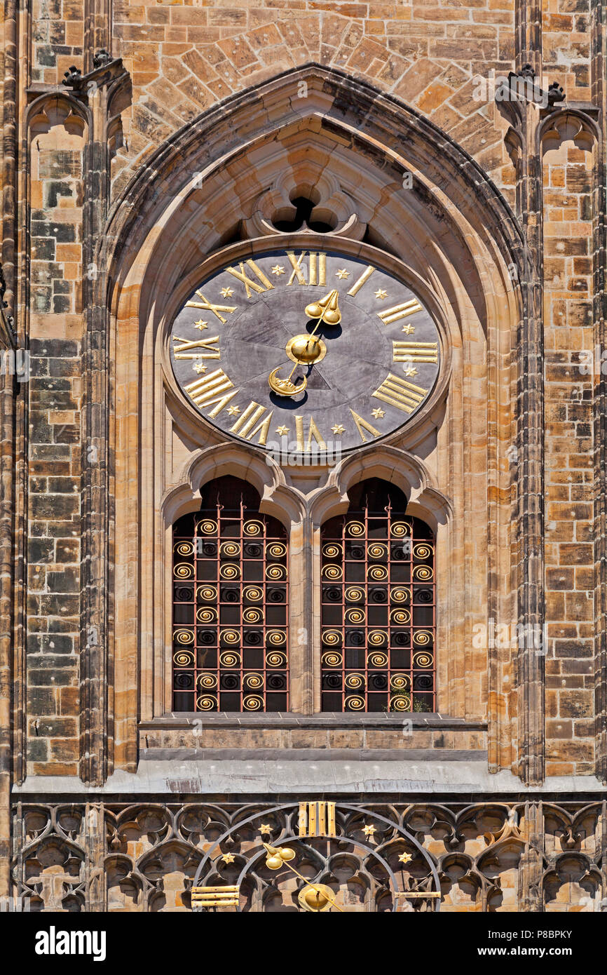 Gothic St Vitus Cathedral, architectural detail, clock face, Prague old town, Czech Republic Stock Photo