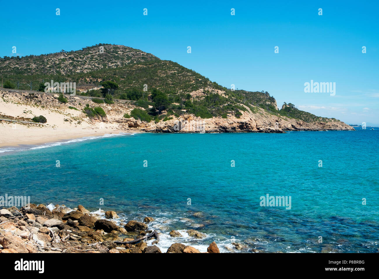 a view of the Cala de Gestell beach, in Hospitalet del Infant, Spain Stock Photo